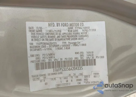 2006 Ford Taurus Se from USA, damaged, VIN 1FAFP53U56A204335